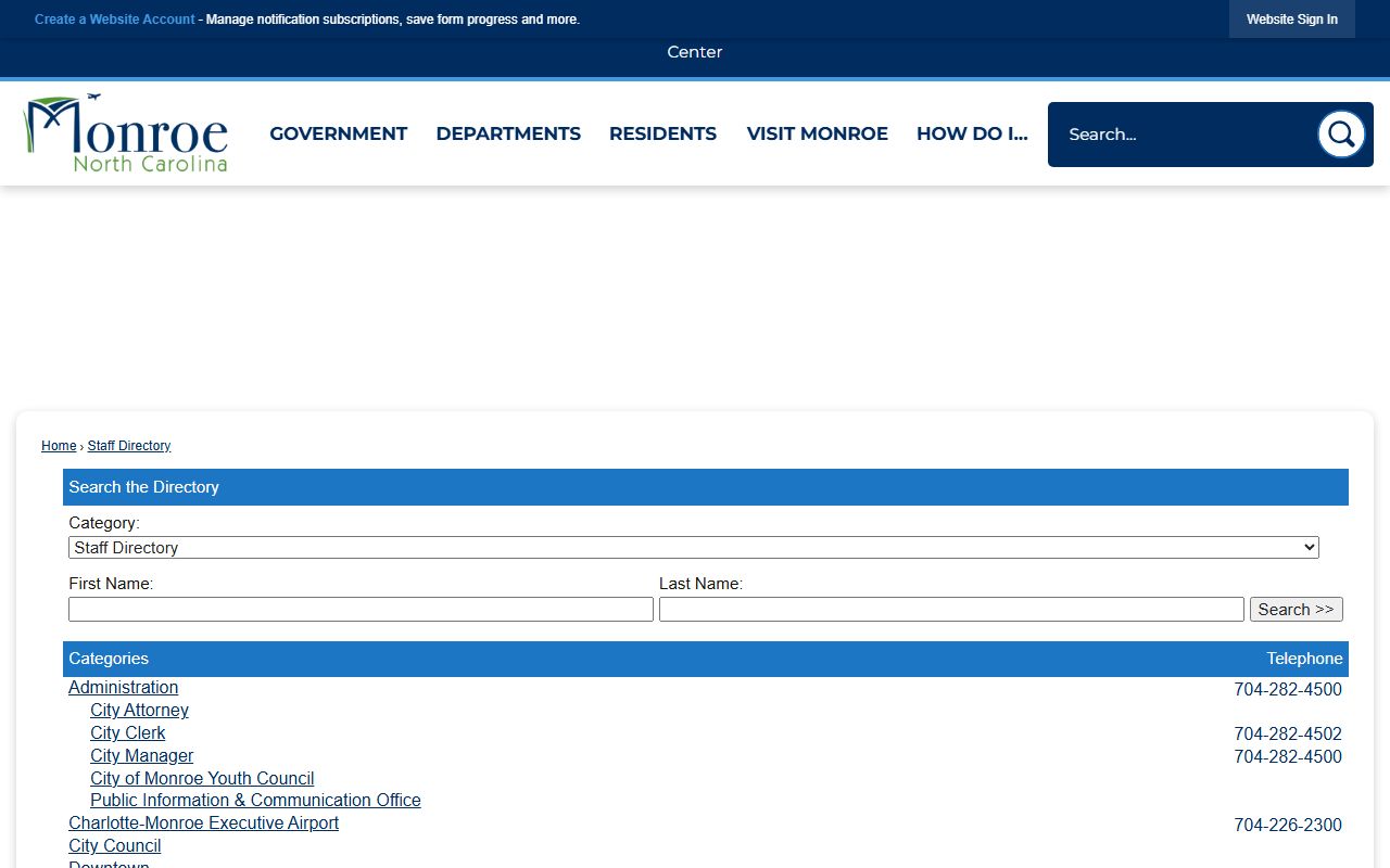 City of Monroe staff directory search fields and department phone categories in the Monroe phone directory