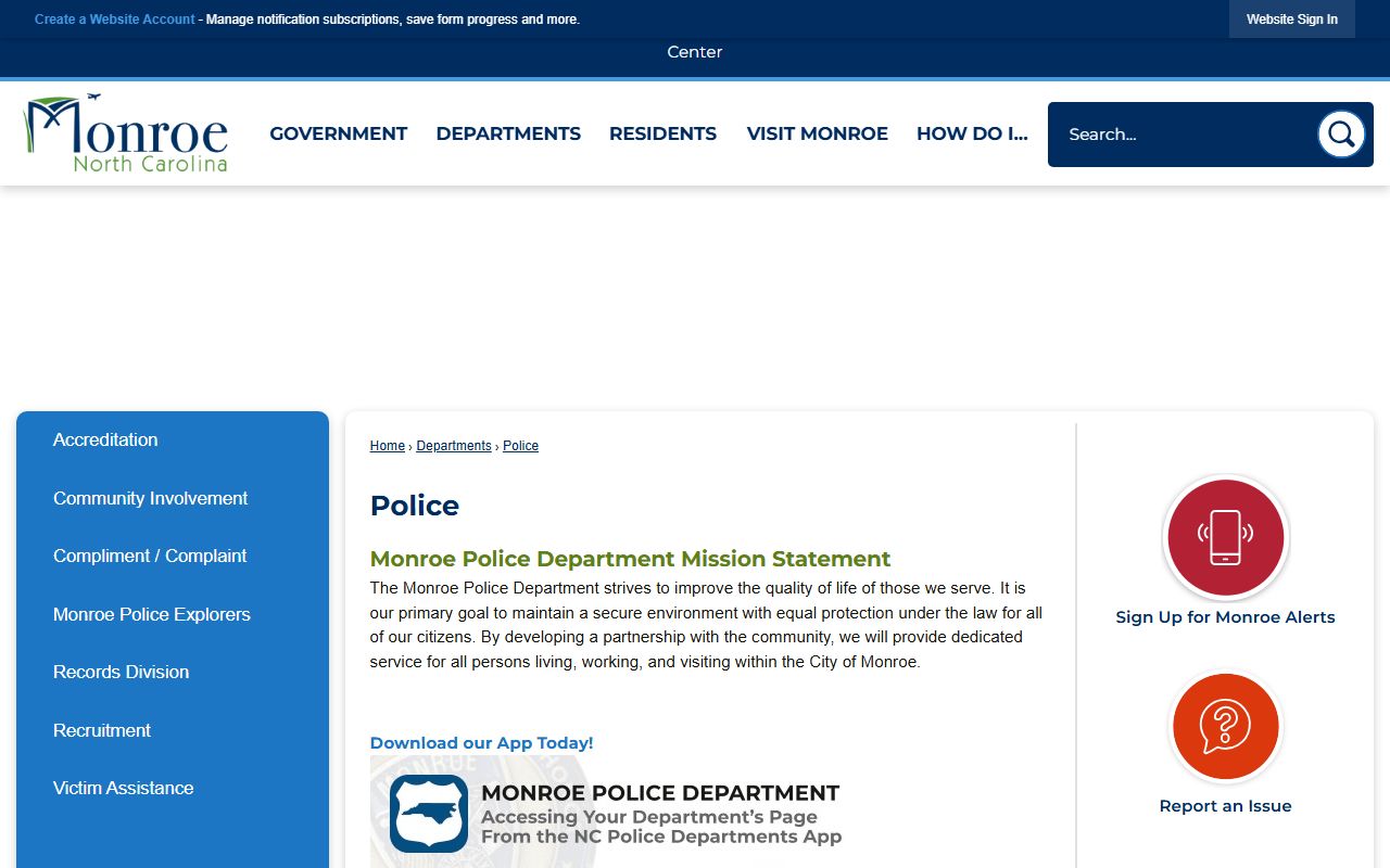 Monroe Police Department phone numbers for emergency and non-emergency calls in the Monroe phone directory