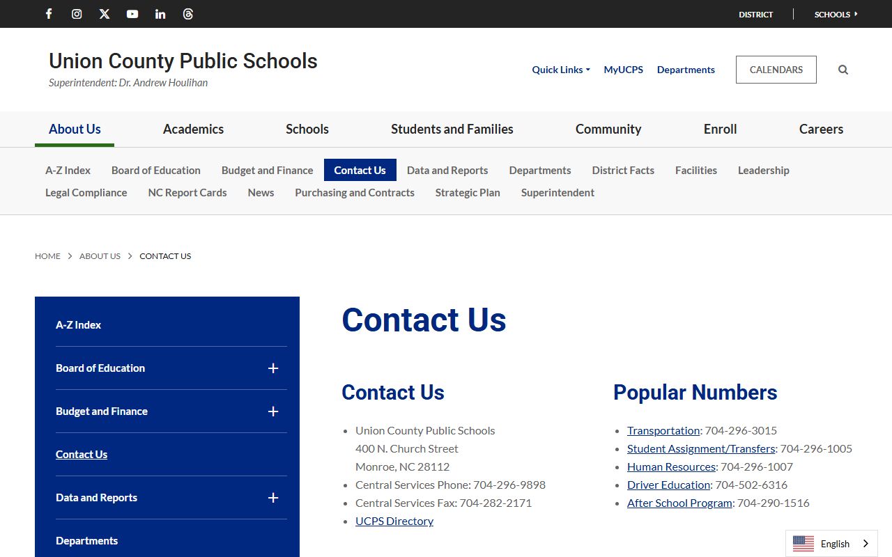 Union County Public Schools contact list with Monroe school phone numbers for the Monroe phone directory