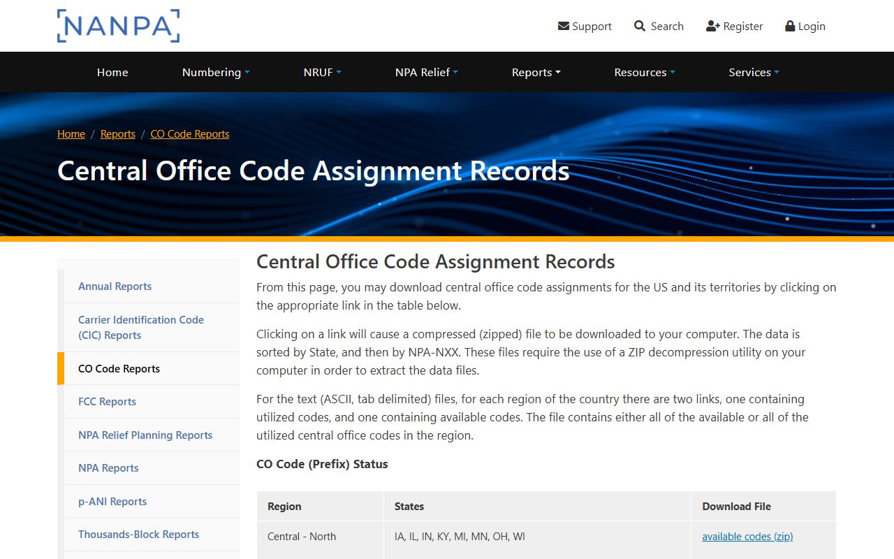 NANPA central office code assignment records used to check Monroe area codes and prefixes