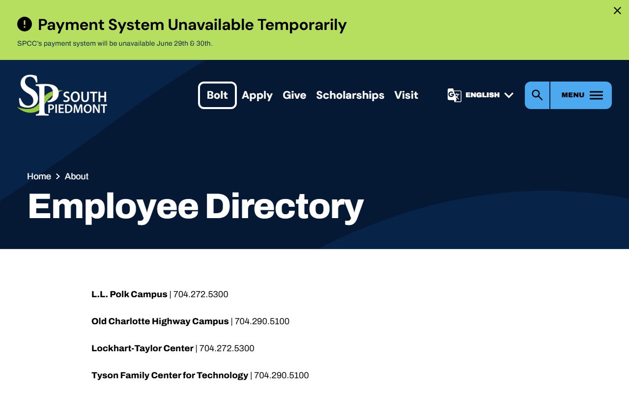 South Piedmont Community College employee and office directory for Monroe phone numbers